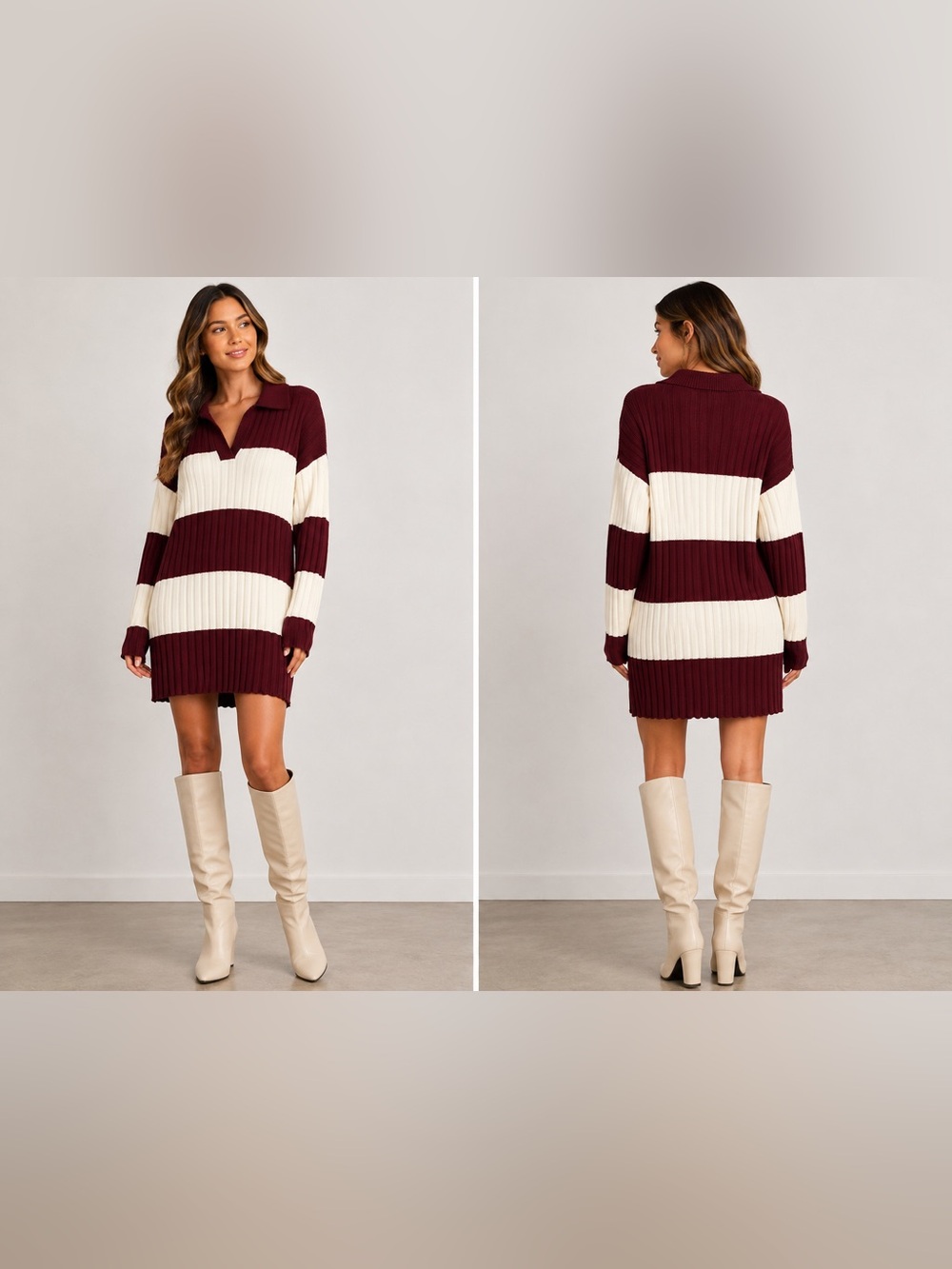 Future Collective Burgundy Cream Striped Ribbed Sweater Dress M